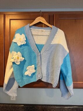 Blue & White Floral Appliqué V-Neck Cardigan Sweater